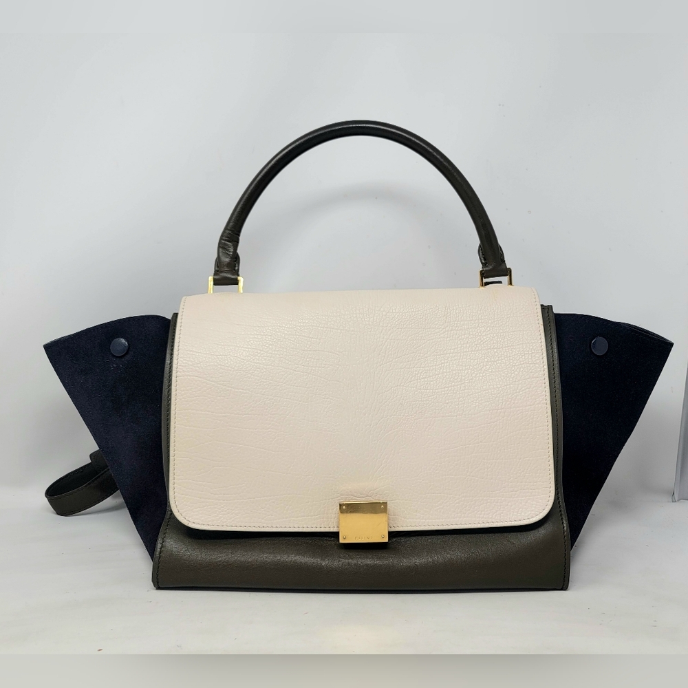Celine Trapeze Medium Leather Ivory Navy Green Top Handle Shoulder Bag Authentic